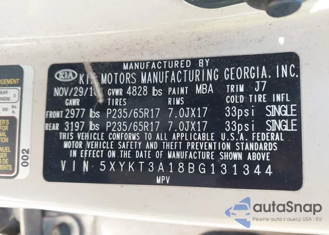 2011 Kia Sorento Lx z USA, uszkodzony, nr VIN 5XYKT3A18BG131344